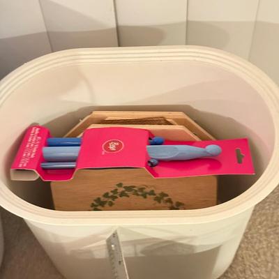 LOT 282L: Office Supplies, Large Crochet Hooks, Buckets & More