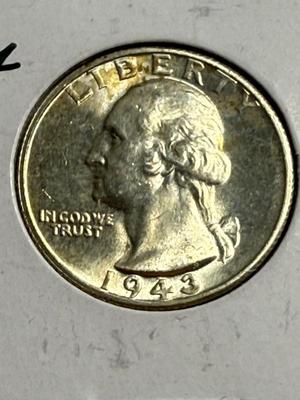 1943-S UNCIRCULATED CONDITION WASHINGTON SILVER QUARTER AS PICTURED.