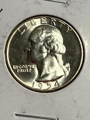 1954-P UNCIRCULATED CONDITION WASHINGTON SILVER QUARTER AS PICTURED.