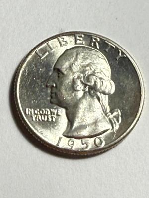 1950-D AU58 CONDITION WASHINGTON SILVER QUARTER AS PICTURED.
