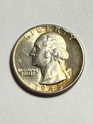 1945-P AU58 CONDITION WASHINGTON SILVER QUARTER AS PICTURED.
