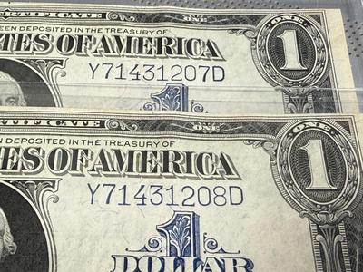 Series of 1923 (2) $1 Consecutive Number Silver Certificates in UNC Condition- Large Horse Blanket Banknotes as Pictured.