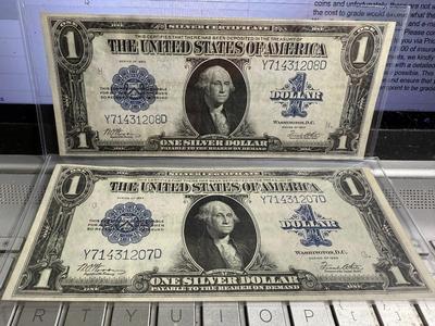 Series of 1923 (2) $1 Consecutive Number Silver Certificates in UNC Condition- Large Horse Blanket Banknotes as Pictured.