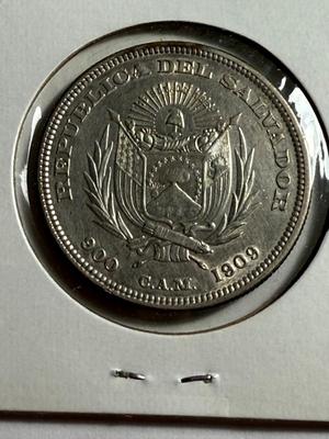 EL SALVADOR 1909 EF CONDITION CLEANED .900 SILVER PESO COIN AS PICTURED.