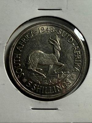 SOUTH AFRICA 1948 AU CONDITION SILVER 5 SHILLING COIN AS PICTURED.