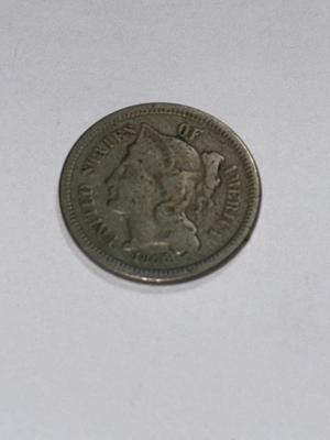 1866 CIRCULATED CONDITION THREE CENT NICKEL TYPE COIN AS PICTURED.