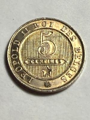 Belgium (French Version) 1900 AU/Uncirculated Condition DDO Re-punched Date 5 Centimes Coin as Pictured.