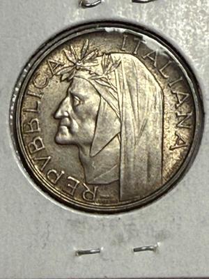 ITALY 1965-R AU+ CONDITION LIGHTLY TONED SILVER DANTE ALIGHIERI 500-LIRA COIN AS PICTURED.