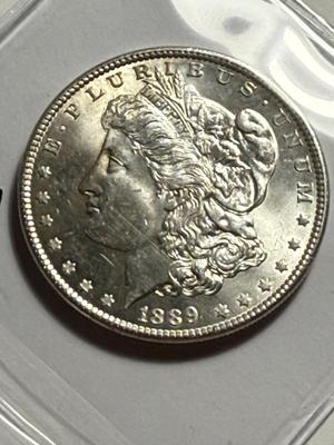 1889-P MS63 QUALITY GOLD CRESCENT TONED MORGAN SILVER DOLLAR COIN #21 AS PICTURED.