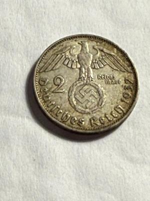 GERMANY 1937 CIRCULATED CONDITION SCRATCHED HEAD 2 MARK SILVER COIN AS PICTURED.
