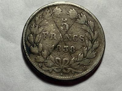 FRANCE 1838 Louis Philippe I French Silver 5 Francs Coin (.900 Silver ASW), Scratched Reverse as Pictured.