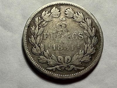 FRANCE 1831 Louis Philippe I French Silver 5 Francs Coin (.900 Silver ASW), as Pictured.