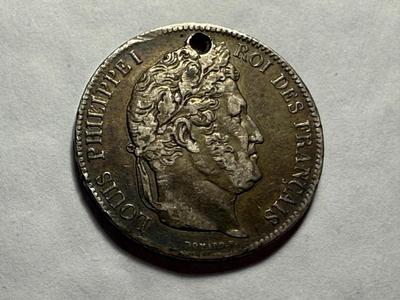 FRANCE 1832 Louis Philippe I French Silver 5 Francs Coin Holed (.900 Silver ASW), as Pictured.