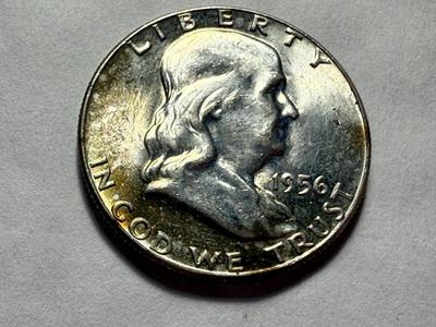 1956 AU58/UNCIRCULATED CONDITION SILVER FRANKLIN HALF DOLLAR AS PICTURED.