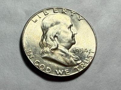 1954-P AU58/UNCIRCULATED CONDITION SILVER FRANKLIN HALF DOLLAR AS PICTURED.