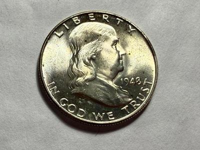 1948-P MS60/UNCIRCULATED CONDITION SILVER FRANKLIN HALF DOLLAR AS PICTURED.