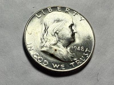 1948-D AU58/UNCIRCULATED CONDITION SILVER FRANKLIN HALF DOLLAR AS PICTURED.