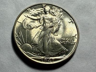 1947-P UNCIRCULATED CONDITION SILVER WALKING LIBERTY HALF DOLLAR AS PICTURED.