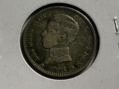 Spain 1904 19-Star Peseta Silver Coin VG/Fine Condition/Cleaned as Pictured.