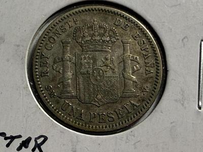 Spain 1904 19-Star Peseta Silver Coin VG/Fine Condition/Cleaned as Pictured.