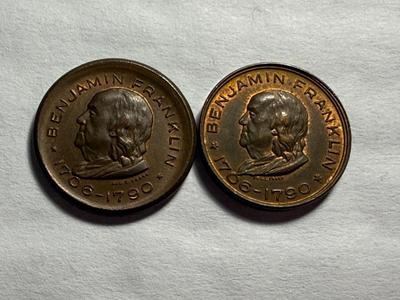 2-Vintage Souvenir Benjamin Franklin Memorial Tokens Commemorating 1706-1790 in AU/Uncirculated Condition as Pictured.