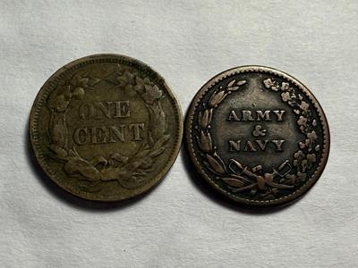 1858 FLYING EAGLE CENT & 1863 ARMY/NAVY CIVIL WAR TOKEN CIRCULATED CONDITION AS PICTURED.