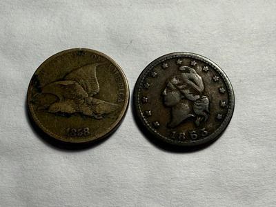 1858 FLYING EAGLE CENT & 1863 ARMY/NAVY CIVIL WAR TOKEN CIRCULATED CONDITION AS PICTURED.