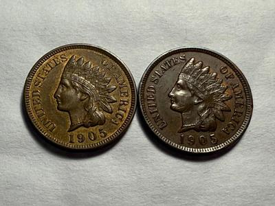 TWO 1905 EXTRA FINE/AU CONDITION INDIAN HEAD CENTS AS PICTURED.