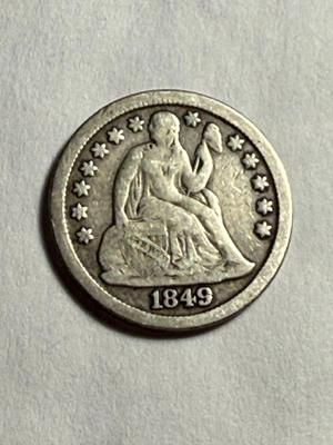 1849 VG+/FINE CONDITION LIBERTY SEATED DIME SILVER TYPE COIN AS PICTURED.