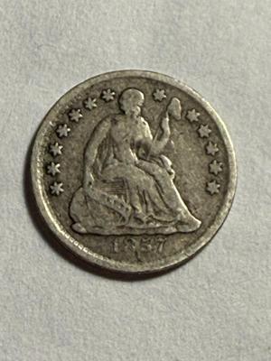 1857 VG/FINE CONDITION LIBERTY SEATED HALF DIME SILVER TYPE COIN AS PICTURED.