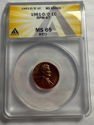 ANACS CERTIFIED 1961-D/D RPM-47 MS65 RED LINCOLN CENT AS PICTURED.