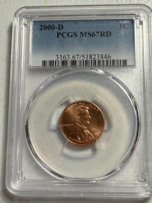 PCGS CERTIFIED 2000-D MS67 RED LINCOLN CENT AS PICTURED.
