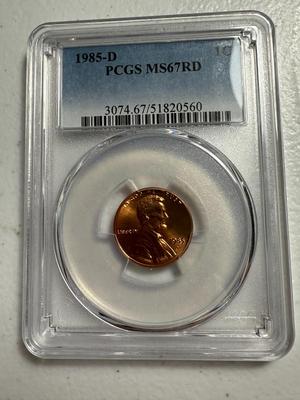 PCGS CERTIFIED 1985-D MS67 RED LINCOLN CENT AS PICTURED.