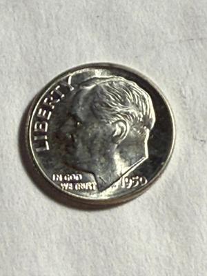 1950-D UNCIRCULATED/VERY LIGHTLY TONED ROOSEVELT SILVER DIME AS PICTURED.
