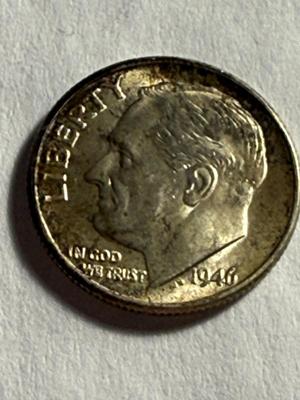 1946-P UNCIRCULATED/LIGHTLY TONED ROOSEVELT SILVER DIME AS PICTURED.