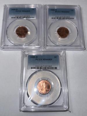 (3) PCGS CERTIFIED 2000-D MS66 RED CHOICE CONDITION LINCOLN CENT LOT AS PICTURED.