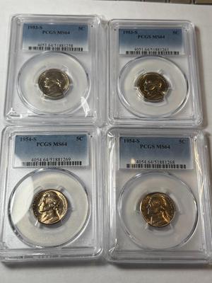 (2) PCGS CERTIFIED 1953-S & (2) 1954-S MS64 CHOICE CONDITION JEFFERSON NICKEL LOT AS PICTURED.