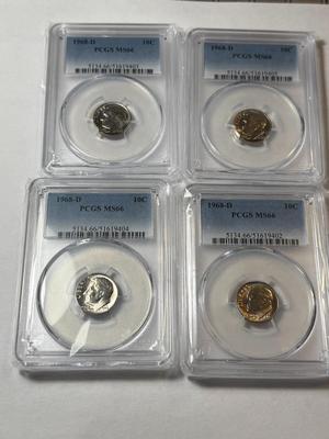 (4) PCGS CERTIFIED 1968-D MS66 CHOICE CONDITION ROOSEVELT DIME LOT AS PICTURED.