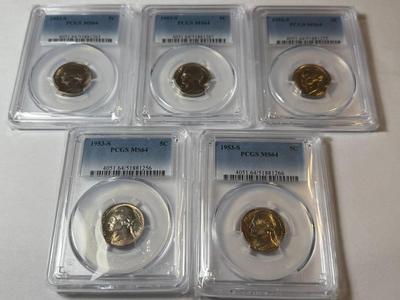 (5) PCGS CERTIFIED 1953-S MS64 CHOICE CONDITION JEFFERSON NICKEL LOT AS PICTURED.