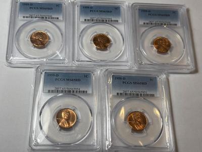 (5) PCGS CERTIFIED 1959-D MS65 RED CHOICE CONDITION LINCOLN CENT LOT AS PICTURED.