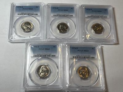 (5) PCGS CERTIFIED 1970-D MS65 CHOICE CONDITION JEFFERSON NICKEL LOT AS PICTURED.