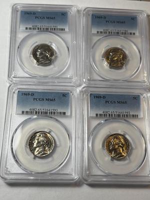 (4) PCGS CERTIFIED 1969-D MS65 CHOICE CONDITION JEFFERSON NICKEL LOT AS PICTURED.