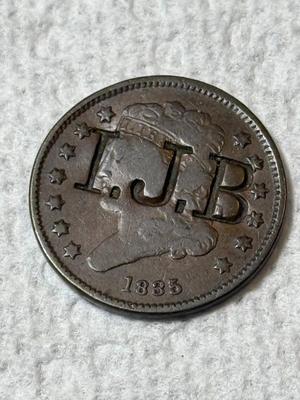 1835 L.J.B Counter-stamped Classic Head Half Cent Coin as Pictured.