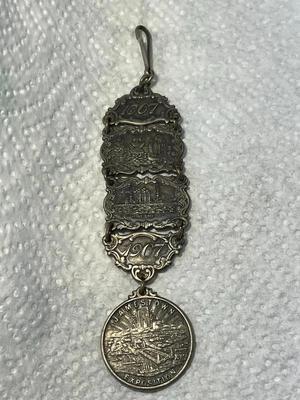 ANTIQUE 1607/1907 JAMESTOWN Ter-Centennial Exposition Silver Watch Fob in Good Preowned Condition.