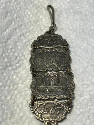 ANTIQUE 1607/1907 JAMESTOWN Ter-Centennial Exposition Silver Watch Fob in Good Preowned Condition.