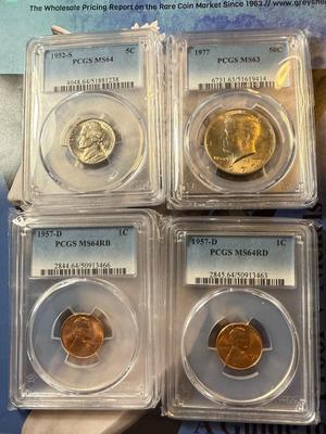 (4) PCGS CERTIFIED 1-1957-D MS64 RED, 1-1957-D MS64 R/B, 1-1952-S MS64, & 1-1977-P MS63 COINS AS PICTURED.