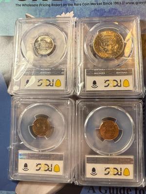 (4) PCGS CERTIFIED 1-1957-D MS64 RED, 1-1957-D MS64 R/B, 1-1952-S MS64, & 1-1977-P MS63 COINS AS PICTURED.