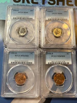 (4) PCGS CERTIFIED 2-1968-D MS66, 1-1958-D MS65 RED, & 1-1955-D MS65 RED COINS AS PICTURED.