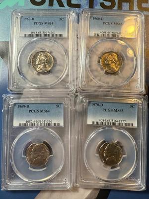 (4) PCGS CERTIFIED 2-1960-D MS65, 1-1969-D MS64, & 1-1970-D MS65 COINS AS PICTURED.