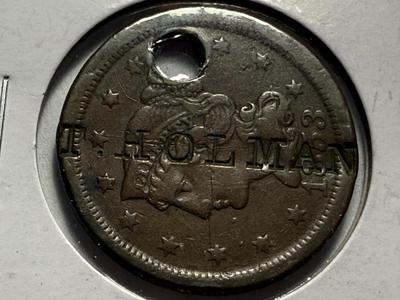 1853 HOLED COUNTERSTAMPED "T. HOLMAN" BRAIDED HAIR LARGE CENT AS PICTURED.